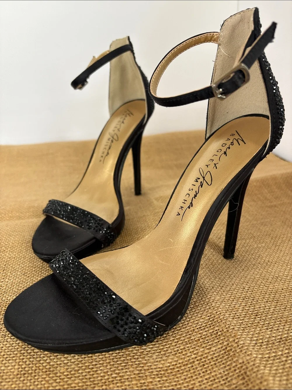 Badgley Mischka very sexy Black Crystal-Embellished Ankle-Strap Stilettos Size 6